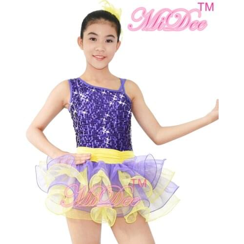 MiDee Ruffle Tutus Dress Dance Costume Stage Performance Costumes One Shoulder Two Tones
