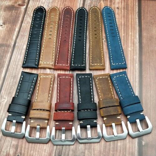 Watch Accessories Genuine Leather Watchbands 24mm Black Dark Brown Red Blue Women Men Cowhide Watch Band Strap Belt With Buckle