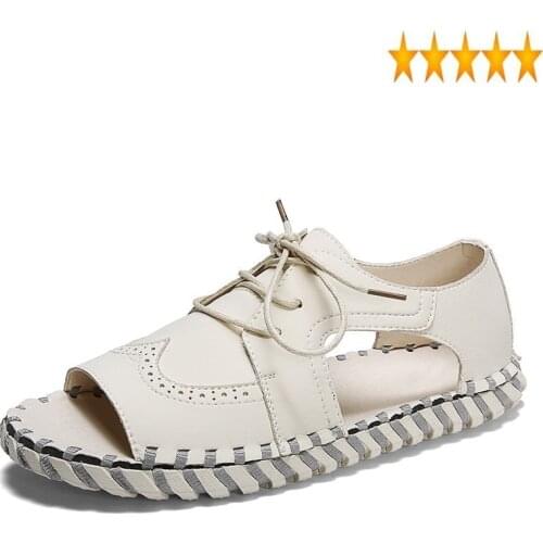 Gladiator Footwear Mens 2021 Summer Sandals Vintage Carved Open Toe Hollow Out Lace Up Casual Leather Sandal Flat Platform Shoes