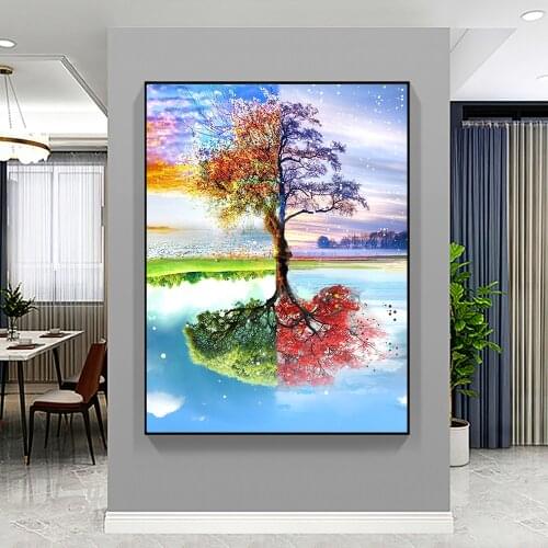 Modern Painting Four Seasons Tree Landscape Paint on Canvas Hd-Print Poster Wall Art Picture for Living Room Home Decoration