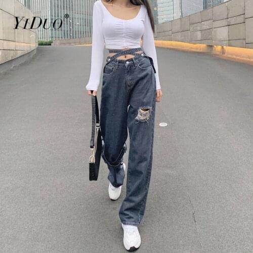 YiDuo Buckle Hole Fashion Straight Jeans Women High Waist 90s Vintage Denim Pants Streetwear Blue Jeans Trousers 2021 Spring