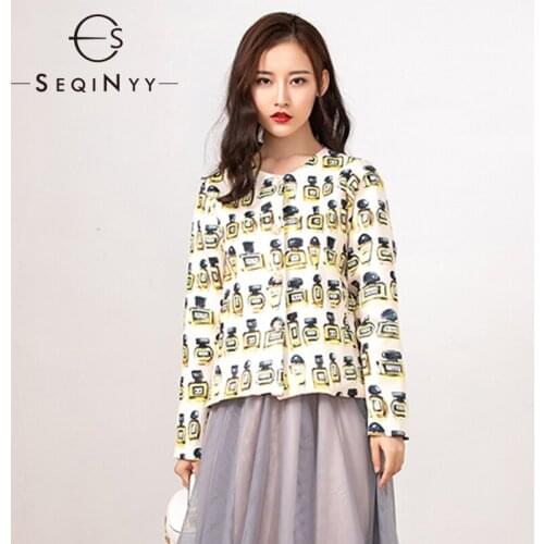 SEQINYY Short Jacket 2019 Autumn Spring New Fashion Design 3/4 Sleeve Perfume Bottles Printed Beige Top Women