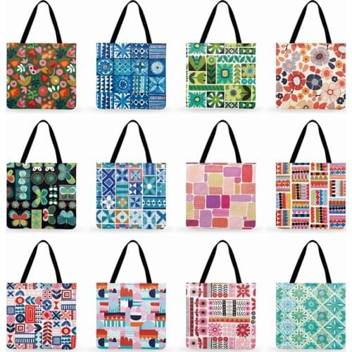 Ladies Shoulder Bag Fresh Watercolor Art Printed Tote Bag Linen Fabric Bag Reusable Shopping Bag Casual Totes Outdoor Beach Bag