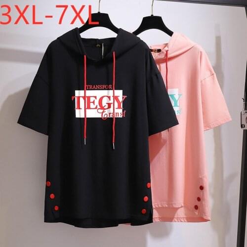 New 2021 Ladies Summer Plus Size Hoodie Tops For Women Large Short Sleeve Loose Cotton Pink Print T-shirt 3XL 4XL 5XL 6XL 7XL