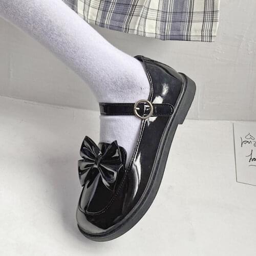 Rimocy Kawaii Bow Low Heel Mary Janes Women Fashion Buckle Patent Leather Lolita Shoes Woman Round Toe Cosplay Uniform Shoes