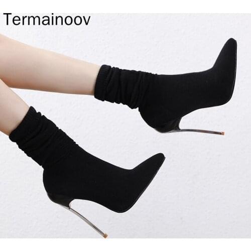 Termainoov Women Fashion Boots Sexy Socks Boots Knitted Stretch Boots Stiletto Pointed Toe Thin High Boots Winter Boots