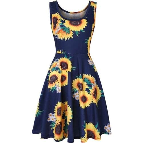 New Arrival Summer Women Yellow Chrysanthemum Printed Sleeveless Square Neck Tank Knee Length Patchwork A-line Sundresses