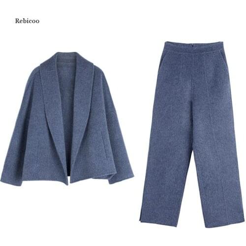 Winter Fashion Woolen Two Piece Sets Women Korean Coat and Straight Pants Suits Warm Elegant Ladies Office Outfits