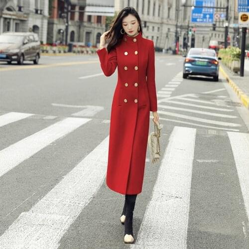Autumn Winter New Double Breasted Over the knee Woolen Coat Womens Stand-up Collar Waisted Office Lady Long Red Outerwear Y796
