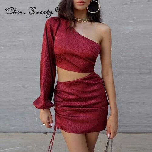 Women Leopard Print One-shoulder Mini Dress 2021 Summer Hollow Out Drawstring Ruched Slim Dresses Lady Sexy Club Party Vestidos