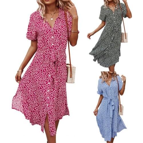 Women Dress Floral Print Breathable Cotton Blend Sexy V-Neck Midi Dress Beach floral print stylish beautiful robe femme платье