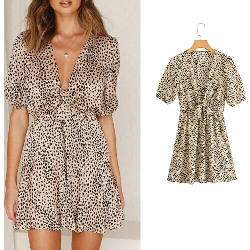 Women Dress Za Fashion 2021 Leopard Print Vintage Sashes V Neck Dress Short Sleeve Sexy Party Mini Dresses A-Line Vestidos Mujer