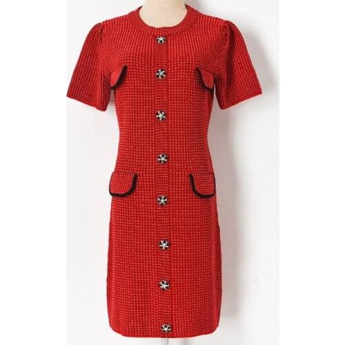 KNitted Bodycon 2021 Spring Summer Round Neck Short Sleeve Elastic Diamonds Single Breasted Sweater Dress Female