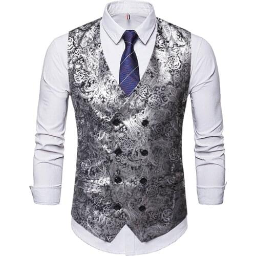 Vest For Men V Neck Bronzing Printing Satin Blended Double-Breasted Slim Fit For Casual Formal Elegant Male Wear Clothing