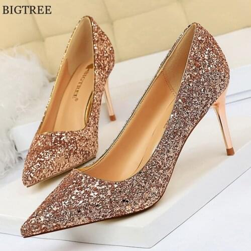 Shiny Sequined Cloth Stiletto Woman Shoes New Fashion Party High-Heeled 7cm Women Pumps Shallow Bling Female Wedding Shoes 34-43