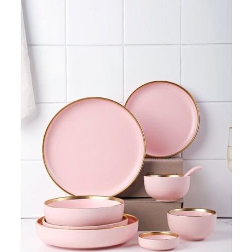 1PC Ceramic Dinner Plates Cute rice bowl Soup spoon Beef Flat Plate kitchen Tableware Round Solid Color Dessert pastries Dish