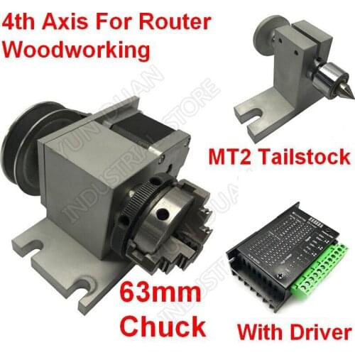 4 axis rotation A axis 4th rotary& 4 jaws Sanou K02-63 2.5" 63mm chuck & MT2 Tailstock & driver kits For Router Woodworking CNC