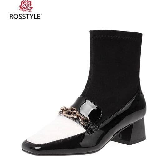 ROSSTYLE High Quality Woman Winter Ankle Boots Handmade Genuine Leather Stretch Fabric Round Toe Low Heel Shoes Elegant Boots