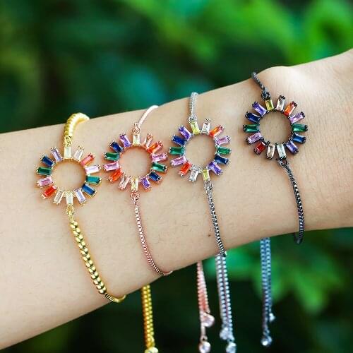 EYIKA Mixing colors Circle flower Bracelet jewelry rainbow Cubic Zirconia charm bangle New Design with Round bead box chain