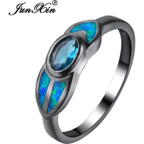 JUNXIN Brand Female Blue Fire Opal Ring Fashion Black Gold Filled Jewelry Vintage Wedding Rings For Women Christmas Day Gifts