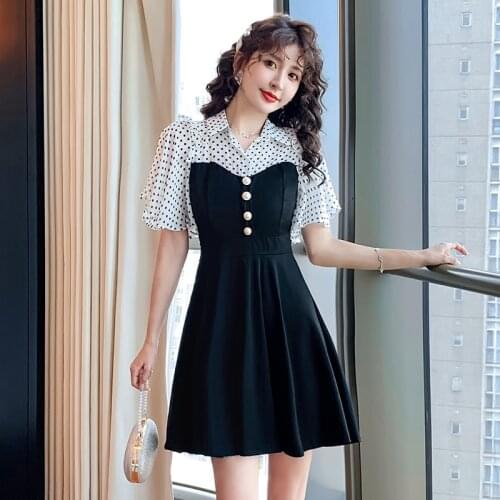 COIGARSAM Polka Dot Women one-piece dress korean High Waist Dresses Black 6916