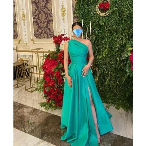 Elegant One Shoulder Satin Green Prom Dresses with Pockets Zipper Back Side Slit Pleated Robe De Soiree Red Formal Party Gown
