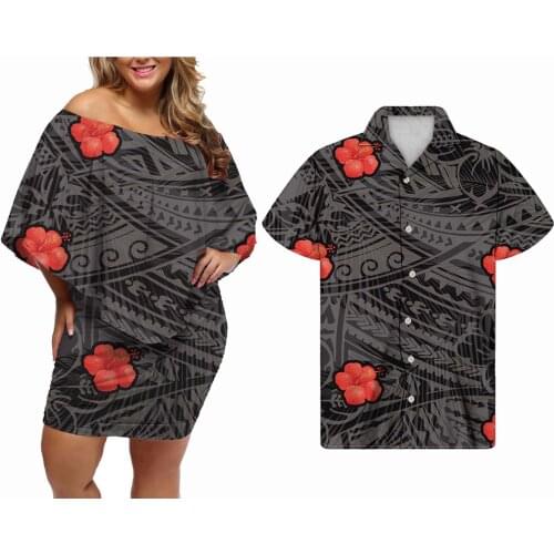 Hycool Polynesian Red Floral Print Bodycon Black Dress Women Casual Off Shoulder Dress Match Men Summer Button Down Hawai Shirts