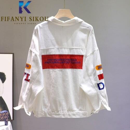 White Denim Jacket Women Letter Embroidery Fashion Lapel Long Sleeve Jeans Jacket Streetwear Loose Casual Jeans Coat 2021 New