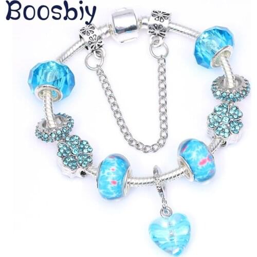 Hot Sale Charm Bracelets With Blue Crystal Heart Pendant DIY Fashion Brand Bracelet For Women Exquisite Jewelry Gift