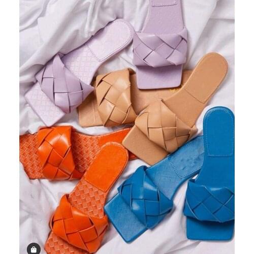 New Europe Weaving Mules Women Slipper 2020 Summer Square Toe Flat Ladies Sandal Weave High Quality Stiletto Dress Shoes Slides