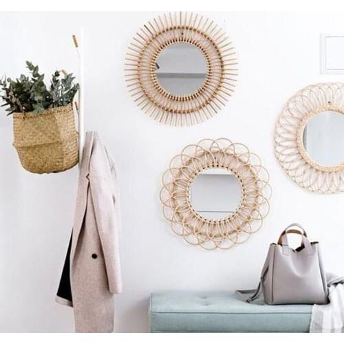Wall Makeup Mirrors зеркало INS Nordic Straw rattan Woven Decorative Stay Simple Art Household Adornmen Round Mirror Walls