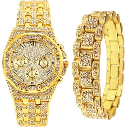 New Fashion Charm Bracelet for Men Iced Out Watch + Bracelet Link Chain Big Gold Bracelet Bangle Mens Watch Hip Hop Jewelry Mens