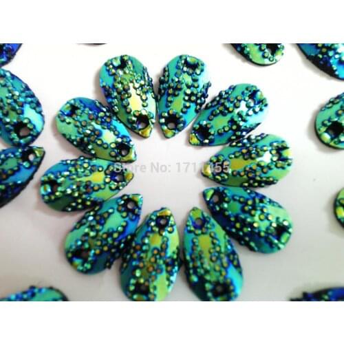 Wholesale Blue/Yellow AB colour beads10*18mm Drop shape flatback rhinestones sew on crystal resin gemstones for dress 150pcs