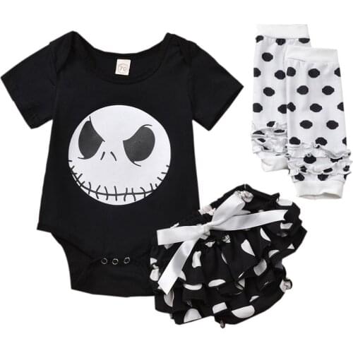 Dropshipping Toddler Baby Girl Halloween Clothes Sets Printed Romper Tutu Dots Shorts +Leg Warmers 3pcs Outfits