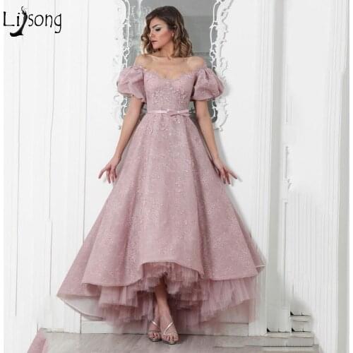 Dusty Pink Lace High Low Prom Dresses With Puff Sleeves Prom Gowns Modern Islamic Long Formal Party Dresses