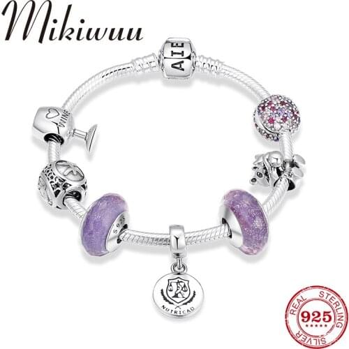 Luxury Authentic 925 Sterling Silver Charms Bracelet Bangles Women with Pendant Red wine Glass Purple Murano beads Snake Chain