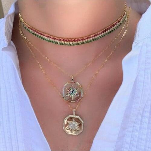 Geometric Fashion European Women Jewelry Promotion Gold Color White Rainbow CZ Hexagon Coin Pendant Necklace