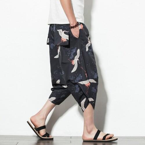 5XL Summer Men Sweatpants Linen Harem Hippie Wide Leg 3/4 Pants Bloomers Casual Baggy Jogger Running Fitness Workout Yoga Pant