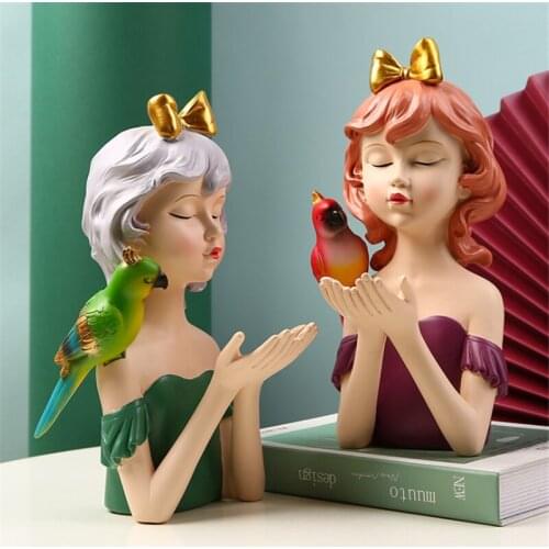 Nordic Resin Parrot Girl Model Figure Statue Ornaments Figurine Home Decoration Accessories Living Room Ornaments Home Decor
