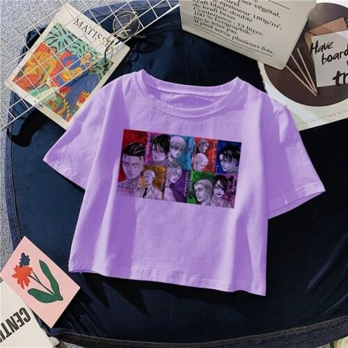 Y2k Streetwear Summer Anime Oversized T Shirt Women Harajuku Short Sleeves Tops Tee Hip Hop Attack On Titan Purple Crop Top