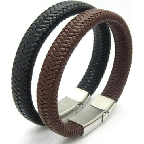 Unique Designer 316L Stainless Steel Bracelets & Bangles Mens Gift Black Leather Knitted Magnetic Clasp Bracelet Jewelry