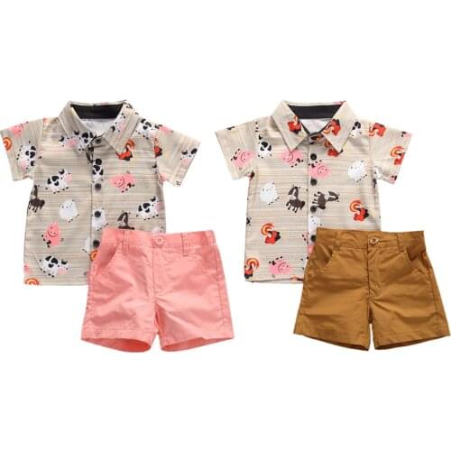 0-5Y Summer Infant Baby Boys Clothes Sets Animal Print Gentleman Shirts Tops+Solid Shorts 2pcs