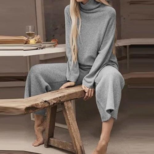 2021 Spring Autumn Solid Two Piece Set Pajamas Women Turtleneck Tops Pullover and Wide Leg Pants Suit Fashion Homewear Suits 5XL