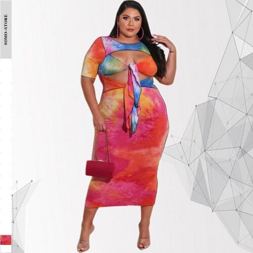 Plus Size Womens 2021 Summer Clothes 4xl 5xl Printed Fashion Round Collar Hollow Out Bandage Midi Dress Wholesale Dropshipping