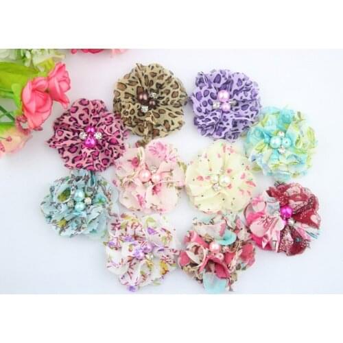 20pcs/lot fabric flowers with Rhinestone pearl center ballerina ruffle foral flower for headbands shoes Flowers hair acessoriese