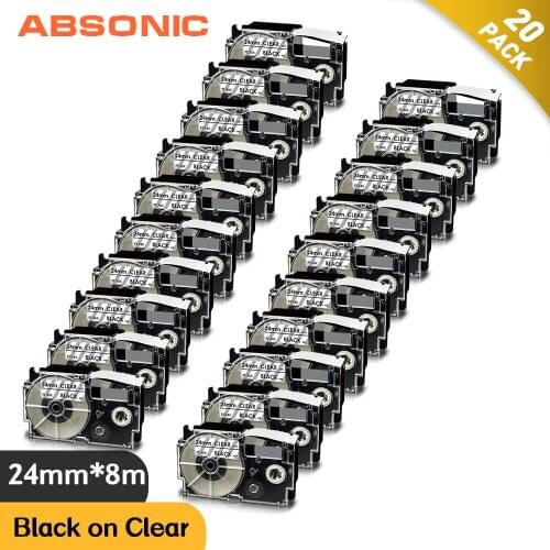 20PCS XR-24X 1" Width Tape Compatible for Casio XR 24X Black on Clear 24mm*8m Labeling Tape for Casio L-8200 KL-C500 Label Maker