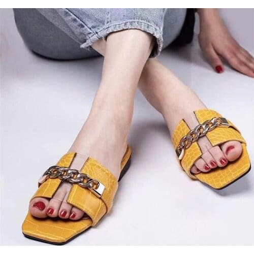2021 Women Chain Metal Square Slippers Woman Summer Beach Fashion Flats Female Casual Shoes Ladies Big Size Footwear