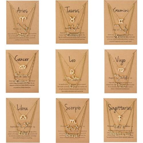 3Pcs/Set Men Women 12 Horoscope Zodiac Sign Gold Pendant Necklace Cancer Leo Scorpio 12 Constellation Jewelry Gifts With Card