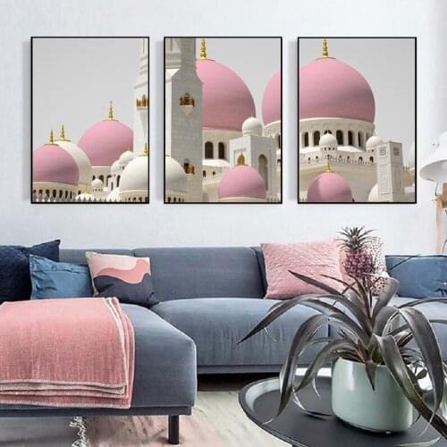3 Pieces Nordic Pink Buildings Landscape Wall Art Canvas Paintings Wall Art Prints and Posters Decorative Living Room Home Decor