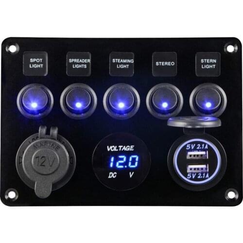 5 Gang 12V Waterproof Switch Panel 4.2A Digital Voltmeter Toggle Switch Control for Boat Camper Marine RV